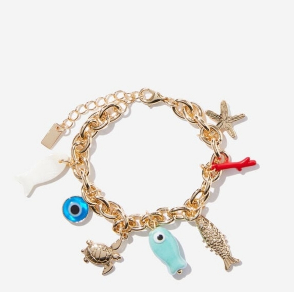 🔹️Piper K Gold Fish Sardine Nautical Natural Shell Turtle Coral Charm Bracelet